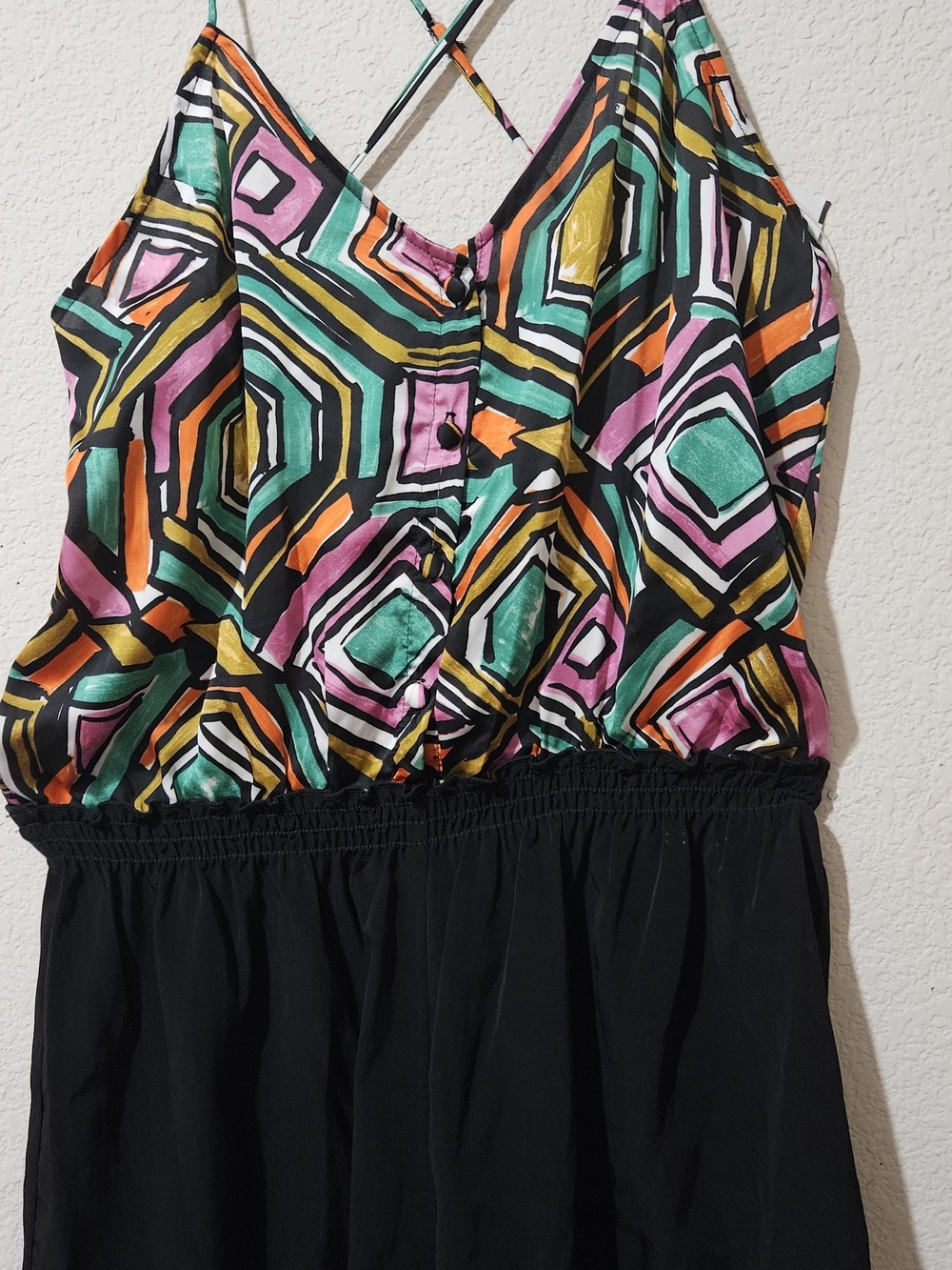 GLAM Black Shorts Romper with Multicolor Geometric Print